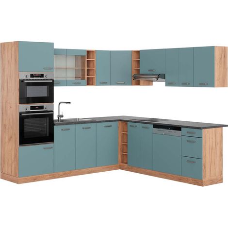 Eckküche R-Line, Blau-Grau/Goldkraft Eiche, 237 x 247 cm , AP Anthrazit, Vicco