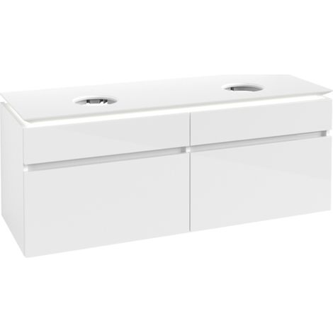 Meuble de rangement VB WTUS Legato B592 1400x550x500mm avec éclairage, 4 tiroirs pour 2 personnes, blanc brillant (1/2)