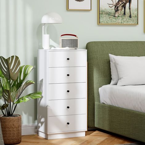 Meuble de rangement à 5 tiroirs, buffet en panneaux de bois, armoire de stockage moderne, commode pour salon, chambre, entrée, 47 x 29 x 95 cm, blanc. (1/5)