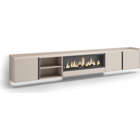Skraut Home - TV-Schrank, Lowboard, für Wohnzimmer und Esszimmer, 315x35x50cm, Für TV-Geräte bis zu 80", Elektrokamin XXL, Hängend, LED, Moderner Stil, Beige