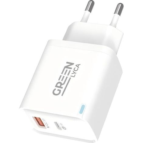 Carregador Rápido PD 20W com Cabo C-L, Portas USB-C+USB-A, QC3.0 e Luz, Branco