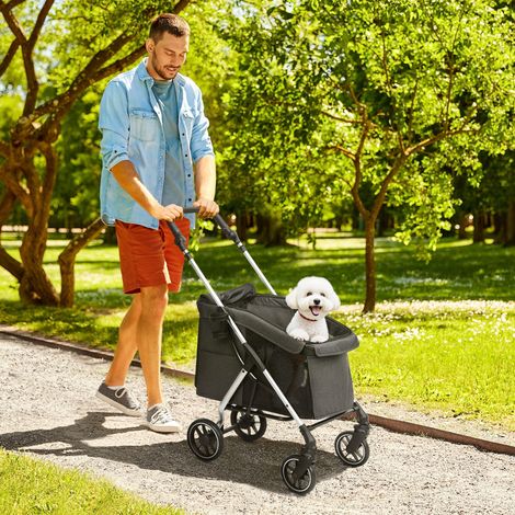 Poussette pour chien légère et pliable à 4 roues, coussin lavable, laisse de sécurité, fenêtres en maille multiple, grise (1/5)