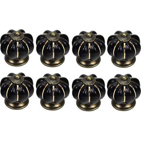 Promoción 8 x Tiradores de cajón de cerámica, forma de calabaza para muebles, ideales para cajones y armarios de cocina (Negro) (1/4)