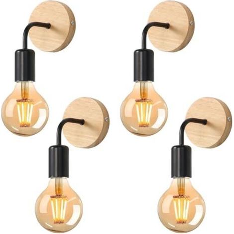 4-teiliges Wandlampen-Set aus Holz, Wandleuchten im Industriestil für den Innenbereich, E27 Vintage-Fassung für Schlafzimmer, Wohnzimmer, Flur, Restaurant, Schwarz
