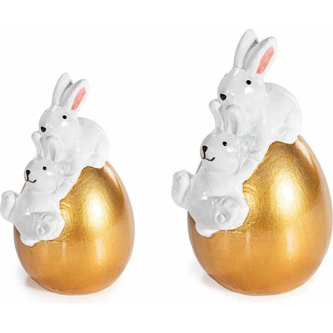 Coppie di coniglietti di Pasqua in ceramica seduti su uovo simil oro lucido, set da 2 pezzi, Grande: cm 9 x 7,5 x 14,5 H