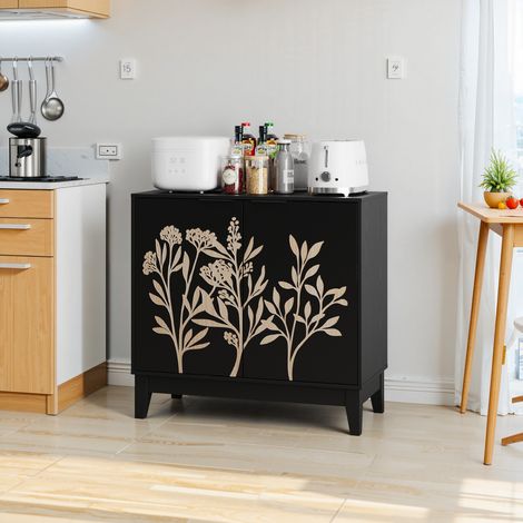 Vintage Sideboard 80 cm Weiß mit Schnitzoptik, 2 Türen, verstellbare Regale, MDF für Wohnzimmer Küche LINHOO