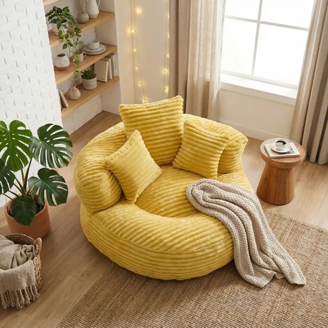 URBAN MEUBLE Canapé-lounge compressé — Pouf/canapé décontracté, durable et confortable, incluant trois coussins, en tissu chenille jaune (1/5)
