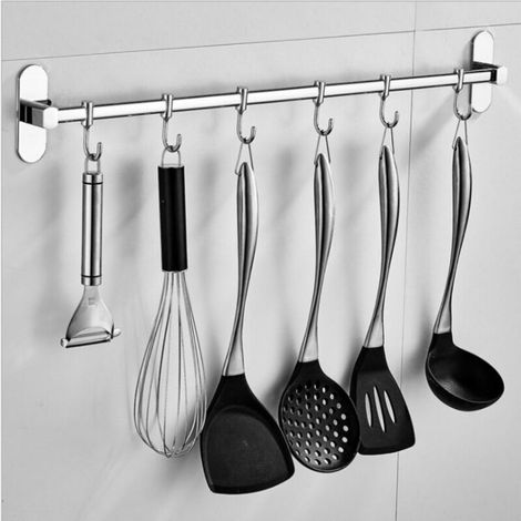 Portautensili da parete in acciaio inox da 40 cm con 6 ganci per cucina e bagno.