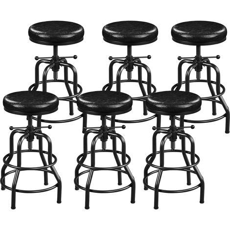 Yaheetech Lot de 6 Tabourets de Bar Industriel en Similicuir Tabouret Haut Rond Réglable en Hauteur avec Deux Repose-Pieds Tabouret de Comptoir pour Cuisine Restaurant Design Néo-rétro Noir