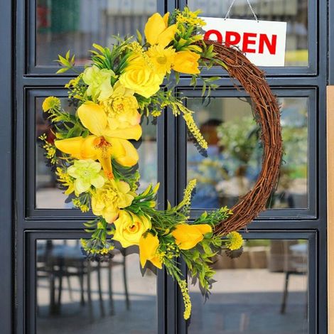 Handgefertigter künstlicher gelber Blumenkranz für Türen, geeignet für mehrere Räume
