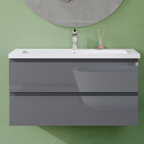 AVER-GROWTH 1000mm Gloss Grey Bathroom Vanity Unit With Wash Basin Resin Sink, 2 Soft-Close Drawers for Storage, Wall Hung Cabinets