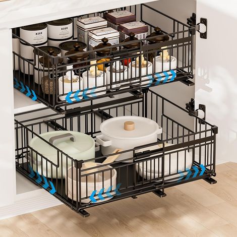 Tiroir Coulissant Cuisine, 2 Pièce Tiroir Télescopique Extensible (33-50cm) Organisateurs D'armoire Coulissants Etagere Rangement cuisine Telescopique pour Armoires de cuisine Salon Maison (Blanc) (1/5)