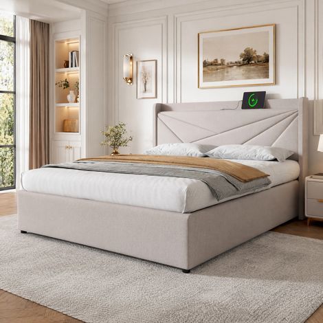 Lit coffre 180x200 avec USB-C tête de lit beige OKMYHOME (1/5)