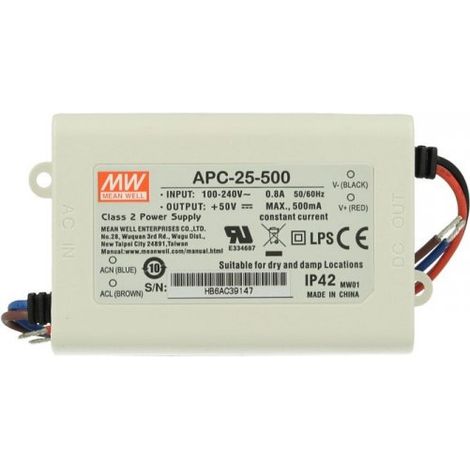 Led Driver CC MW MEAN WELL APC-25-500 Trasformatore 500mA 15V-50V DC 25W Corrente Costante IP42