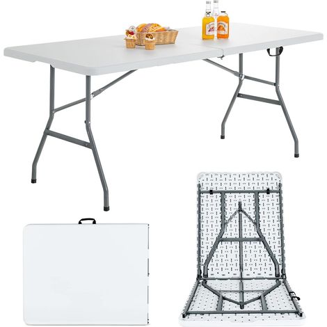 COSTWAY Mesa de Camping Portátil y Ligera con Asa de Transporte, Armazón de Acero, 180 x 73 x 73 cm, Mesa Plegable Multiusos de Picnics, Camping, Barbacoas, Estudio, Blanco (1/5)