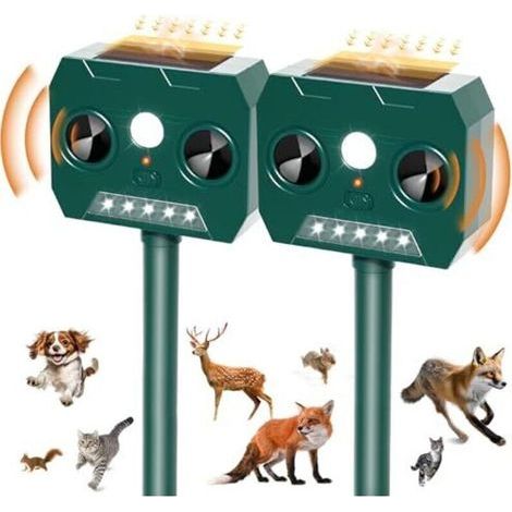 Lot de 2 répulsifs anti-martres, répulsif pour chats, répulsif solaire à ultrasons 120° pour chiens avec lumière LED, répulsif pour animaux résistant aux intempéries IP45 pour martres, chats, ratons l (1/4)