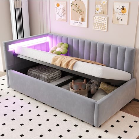 lit adulte rangement LED 90x200 velours gris OKMYHOME (1/5)