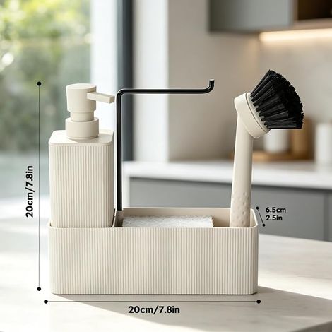 Distributeur Liquide Vaisselle Cuisine Beige 4 en 1 Rangement Evier Cuisine Distributeur Liquide Vaisselle avec Distributeur Savon Brosse Éponge Porte-vaisselle et Organisateur (1/4)