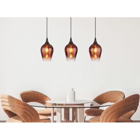 Ausgefallene LED Pendelleuchte mit drei Kupferfarbigen Schirmen, Breite 83cm (1/5)