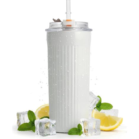 Mug Isotherme avec Paille 500ml - Gourde Thermos en Acier Inoxydable 316, Étanche et Anti-Fuite, Bouteille Isotherme Idéal Café, Thé et Déplacements (crème) (1/5)