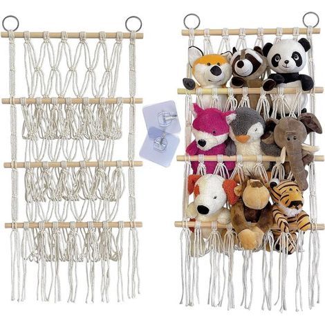 Cesta de madera de tres niveles para guardar juguetes, estante de peluche para guardar juguetes, cesta de malla para juguetes, bolsa de almacenamiento colgante plegable, estante de pared para guardar (1/5)