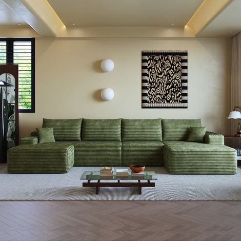 Canapé modulable sans structure rigide 340 cm avec méridienne en L, assise profonde, sans montage, livré compressé, velours côtelé vert (1/5)