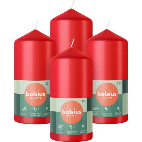 Bolsius Candele a colonna - colore rosso - confezione da 4 pezzi - 12 x 6 cm - lunga durata di 33 ore - non profumate - cera vegana naturale - senza olio di palma (1/4)