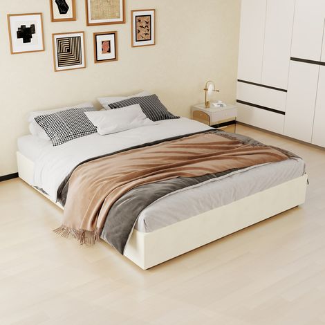 Lit 160/200 cm beige en tissu et métal, design moderne sans tête de lit (1/5)