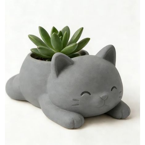 (Gris clair) Pot de fleurs chat couché (1 pièce), décoration de table pour salon ou entrée, jardinière familiale créative pour plantes succulentes (1/4)