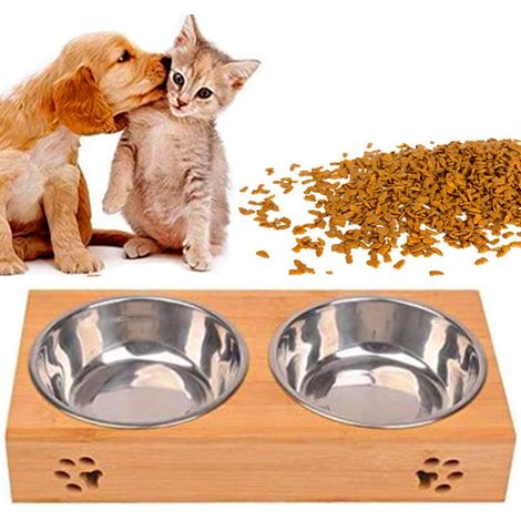 cuencos dobles, acero inoxidable, resistentes al calor, bambú natural, diseño de huella de pata, para gatos y perros. (1/5)