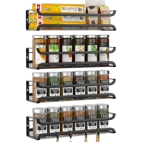 Kitchen Spice Rack, 4 Piece Metal Wall Mounted Spice Rack without Drilling, Kitchen Shelf with 4 Movable Hooks, Hanging on Cabinet Doors or Walls (1/5)