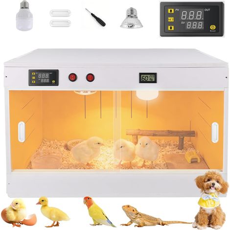 Boîte d'Éleveuse Poussin avec Lampe UVA, Cage Chauffante Petits Animaux 96L  Incubateur Couveuse Poussin Lampe UVA + LED, Thermostat avec Température et Humidité, Porte Coulissante pour Poussin, Repti (1/5)