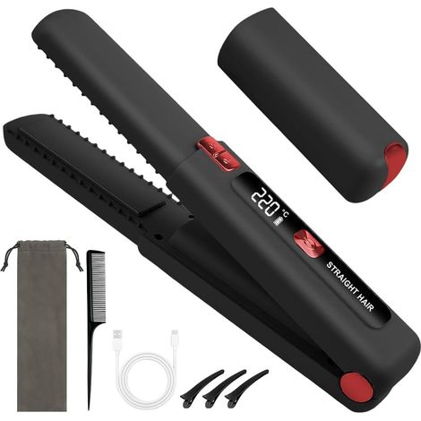 Lisseur sans fil, lisseur et boucleur 2 en 1 avec chargement USB, 6 températures réglables et écran LED, mini boucleur portable pour les voyages (noir et rouge) (1/5)