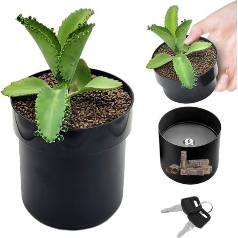 Safe in Form eines Blumentopfs, abschließbare, versteckte Blumenbox, kreative Aufbewahrungsbox, geheimes Versteck für Geld, Schlüssel und Wertsachen (schwarz) (1/5)