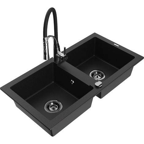 Mexen Mario lavello in granito a 2 vasche con rubinetto da cucina Aster, nero - 6504-77-73450-07-B (1/5)
