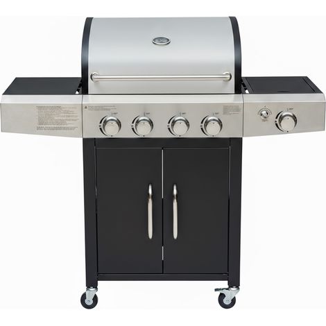 Barbecue a Gas Professionale XXL Da 16 kW con 5 Bruciatori in Acciaio Inox 304 Con Fuoco Laterale Termometro Coperchio Doppio Griglia Di Cottura 67 x 42 Cm Scaldavivande Ruote 137 × 50 × 120 Cm Nero