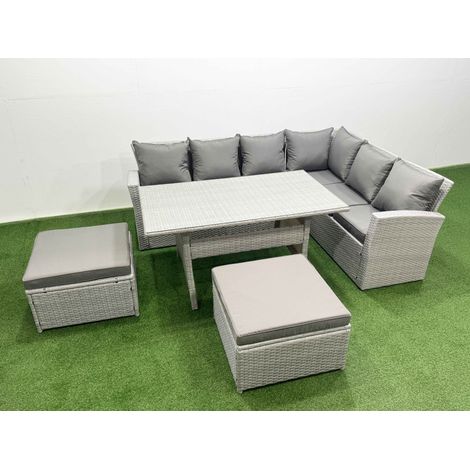Fimous Rattan Garden Furniture Set Outdoor 8 Seater Patio Dining Corner Sofa Sets with Dining Table 2 Big Footstools Light Grey Mixed (1/4)