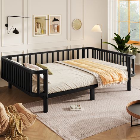 Lit enfant 140x200 cm adulte multifonction, structure stable en acier, design noir (1/5)