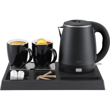 Juego de hervidor de agua Adler con bandeja y 2 tazas, elegante y perfecto para habitaciones de invitados, oficina y hogar, acero inoxidable de 1 L, carcasa Cool-Touch, apagado automático, ideal para