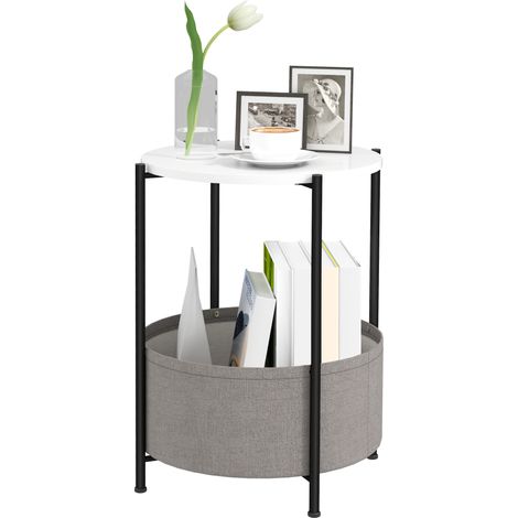 HOMCOM Beistelltisch Runder Nachttisch mit einem Regal und Korb aus Stoff, Couchtisch aus Stahl, Sofatisch Kaffeetisch für Wohnzimmer Schlafzimmer 44 x 44 x 56 cm Grau+Weiß (1/5)