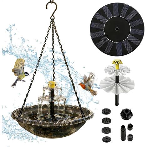 Hängende Vogeltränke mit Solarbrunnen – Futterstelle – mit Sprühpumpe – Solar-Vogelwasserspender – Hängende Futterstellen – Gartendekoration für Vögel (1/5)