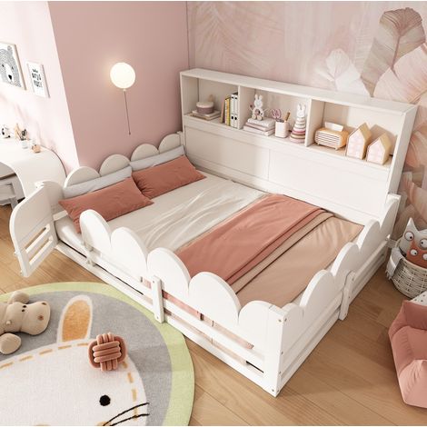 Letto a pavimento per bambini 140x200 cm moderno in legno bianco con testiera aperta, barriera anticaduta, porta e rete a doghe (1/5)