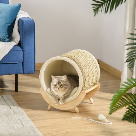 Cuccia per gatti PawHut con superficie tiragraffi e cuscino inclusi, tiragraffi a cilindro, 41 cm x 38 cm x 43 cm, Naturale + Beige