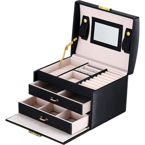Portagioie a 3 ripiani con cassetti, Portagioie grande in pelle PU con portagioie da viaggio portatile, Portagioie da donna e ragazza per anelli, orecchini, bracciali, collane, 17,514,13 cm, Nero