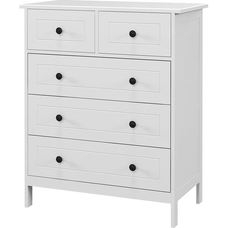 Commode meuble de rangement 5 tiroirs pour chambre, bureau, entrée, blanc et poignée métal noir