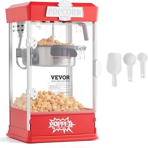 VEVOR Machine a Pop Corn 480 W, Appareil a Pop-corn de Comptoir Electrique, Grand Bol de 113 g pour 5,7 L par Lot, avec Verre Trempe, 3 Cuilleres, Style Cinema, pour Fete Magasin Soiree, Rouge