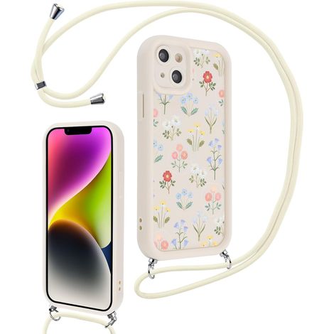 Coque avec Cordon pour iPhone 13 mini 5,4",Étui Collier Tour de Cou Lanière Corde Aesthetic Motif Fleur Dessin Fille Case, Mince Silicone TPU Antichoc Housse Cover pour iPhone 13 mini, Beige1 (1/5)