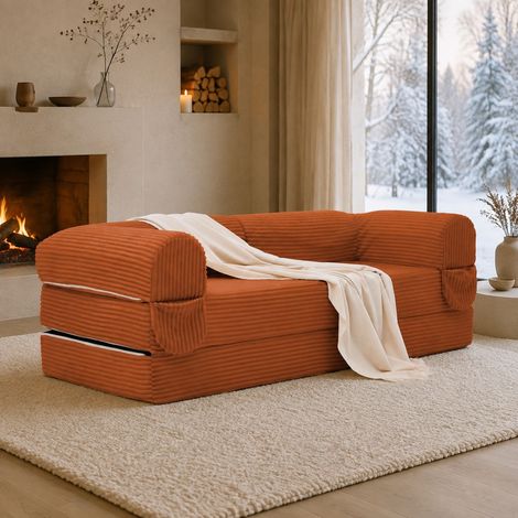 Canapé convertible 2 places en velours côtelé orange, avec accoudoirs rembourrés, design bas gain de place pour salon ou chambre d'amis – de FLORAGRACE (1/5)