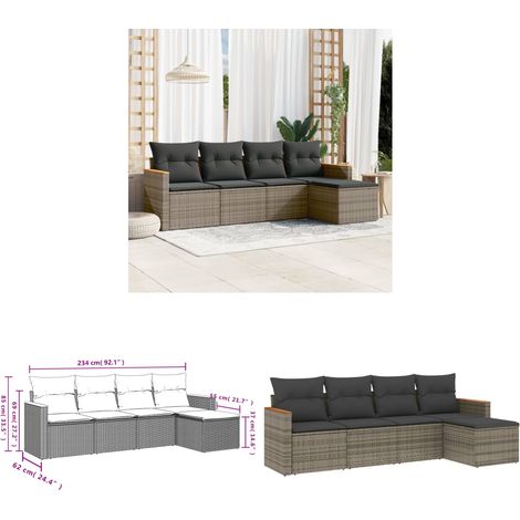 Salon de jardin 5 pcs avec coussins gris résine tressée - Ensemble Salon De Jardin - Salon De Jardin Extérieur - Meuble De Jardin - Canapé De Jardin - Résine Tressée - Home & Living (1/3)