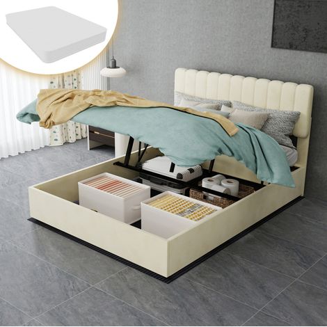 Letto imbottito moderno in tessuto beige 140x200 cm con testiera alta e materasso incluso